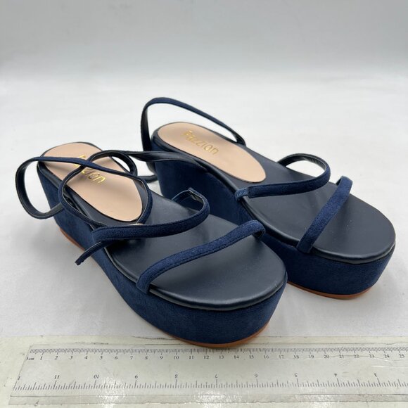 Pazzion Dark Blue Platform Strappy Open Toe Wedge Heel Sandal Strap Buckle Shoes - Picture 4 of 8